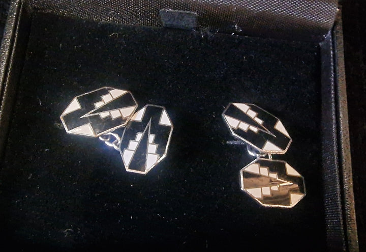 Art Deco Chrome And Enamel Cufflinks